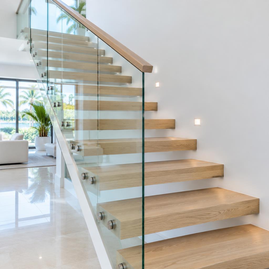 Clear glass railing with natural oak stairs in a bright interior