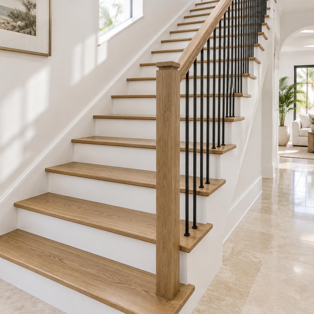 Oak treads, white risers and black iron balusters on a modern staircase