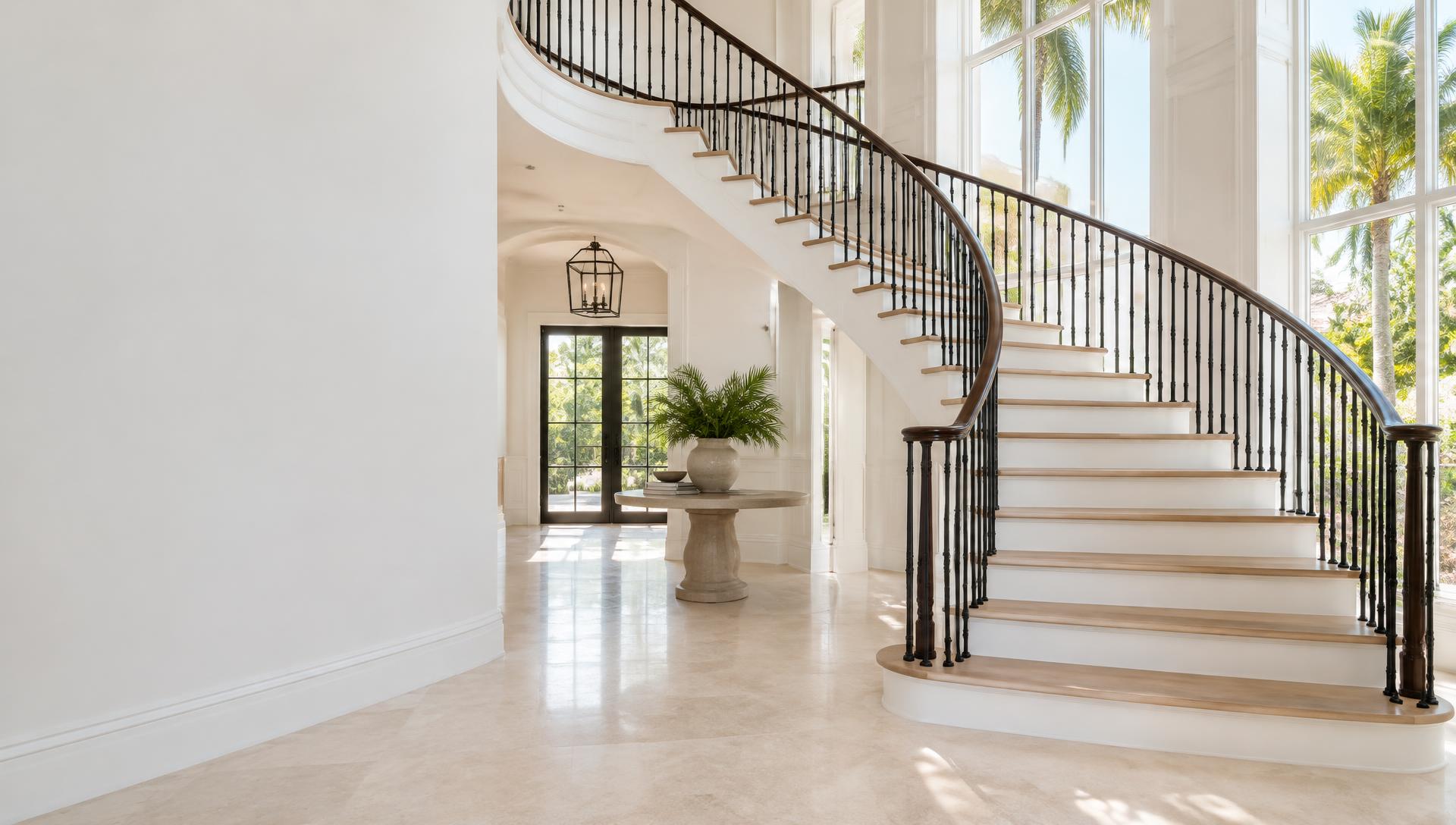 Curved staircase in a bright white foyer